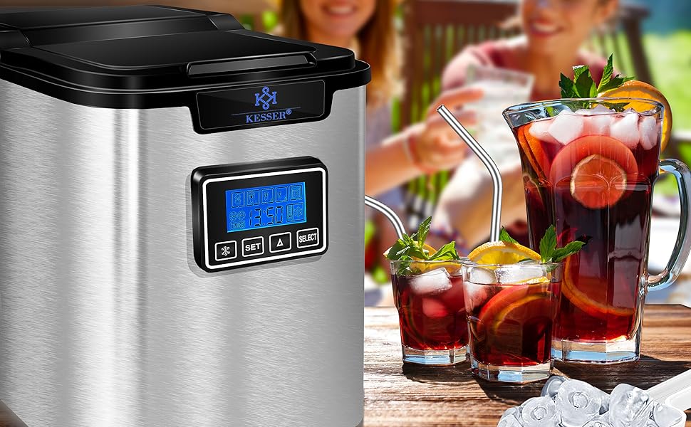 Машина для приготування льоду KESSER® з нержавіючої сталі, 150W, 12 кг/24 год, 3 розміри кубиків, таймер, LCD-дисплей, аксесуари