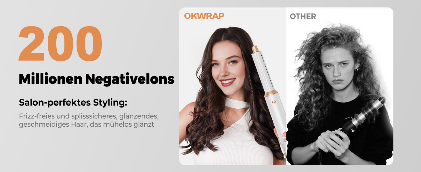 OKWRAP Hairstyler 5 в 1: Набір для укладки волосся, фен з іонами, автоматична плойка, термощітка, випрямляч. Ідеально для випрямлення, сушіння, створення об'єму та локонів. Білий, золотий.