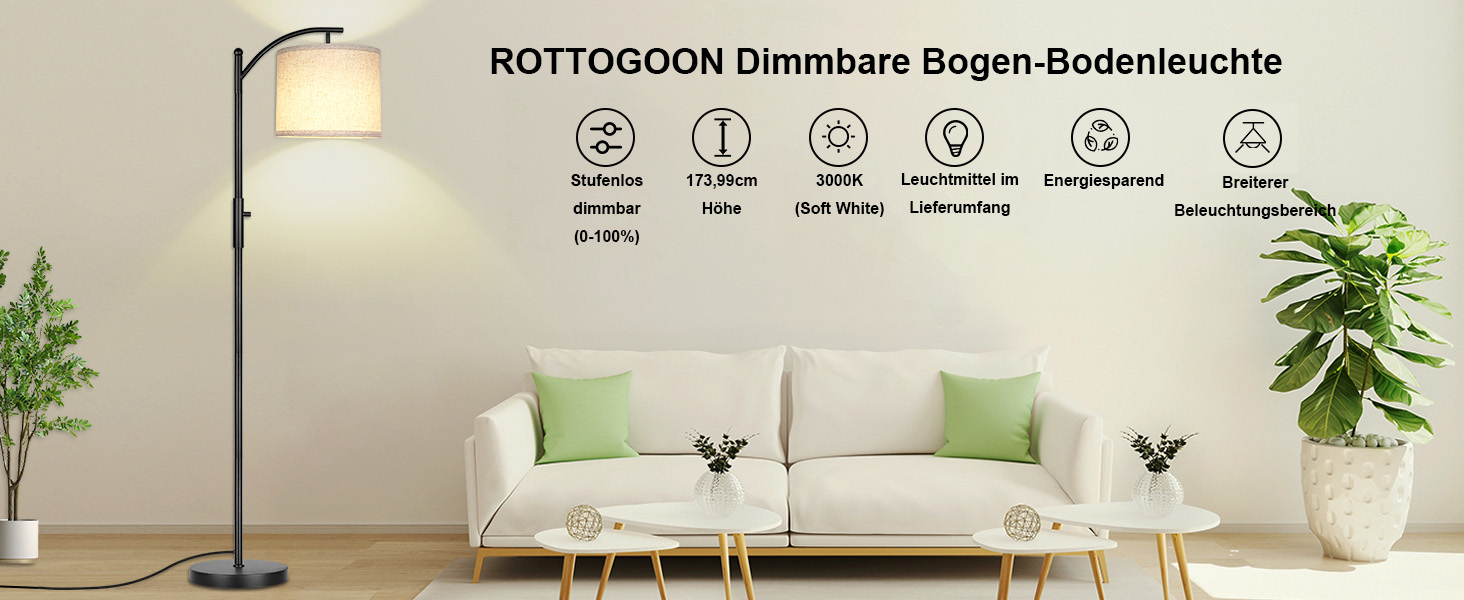Стельова лампа ROTTOGOON для вітальні з LED-лампою 3 кольорів, промисловий дизайн, для читання, чорний колір, регульована яскравість