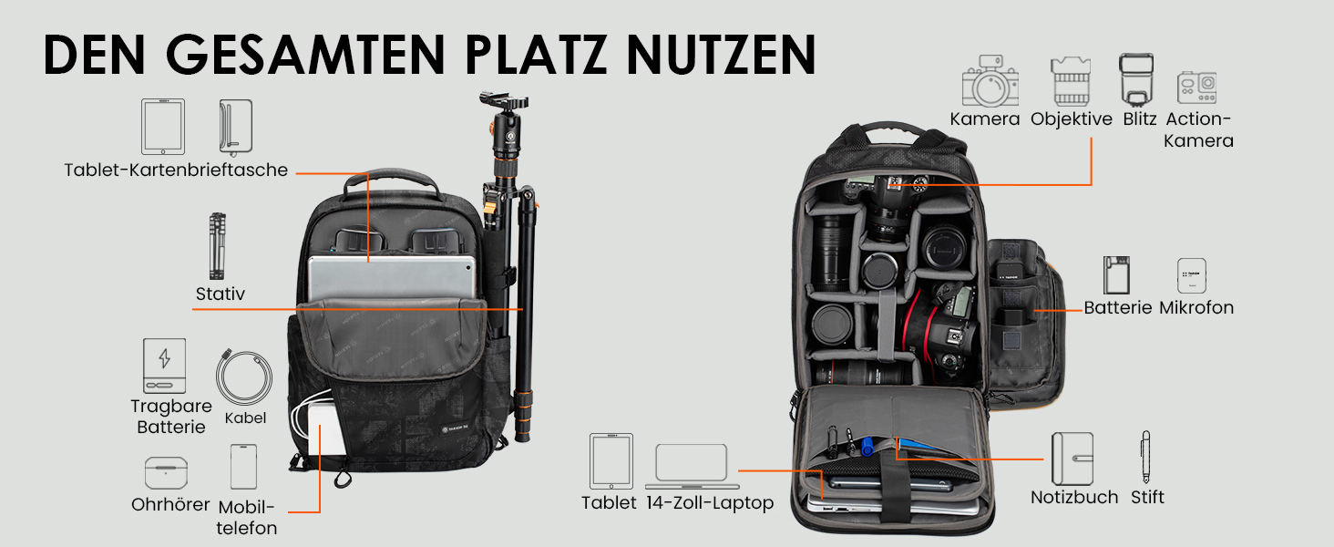 Рюкзак для фотокамери TARION: водонепроникний, з відділенням для ноутбука 14