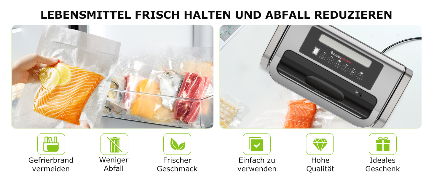 Вакуумний пакувальник Bonsenkitchen 15 л/хв - високопродуктивний, сертифікований, з інтегрованим ножем та 2 рулонами