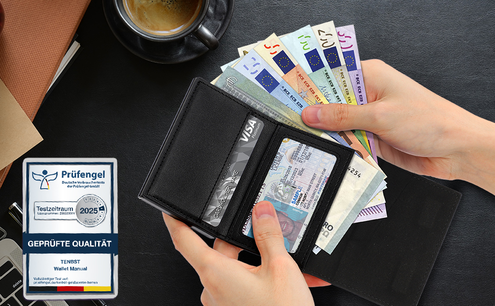 Чоловічий гаманець TENBST: тонкий, з відділенням для монет, RFID захистом, з натуральної шкіри, 8 відділень для карток, чорний