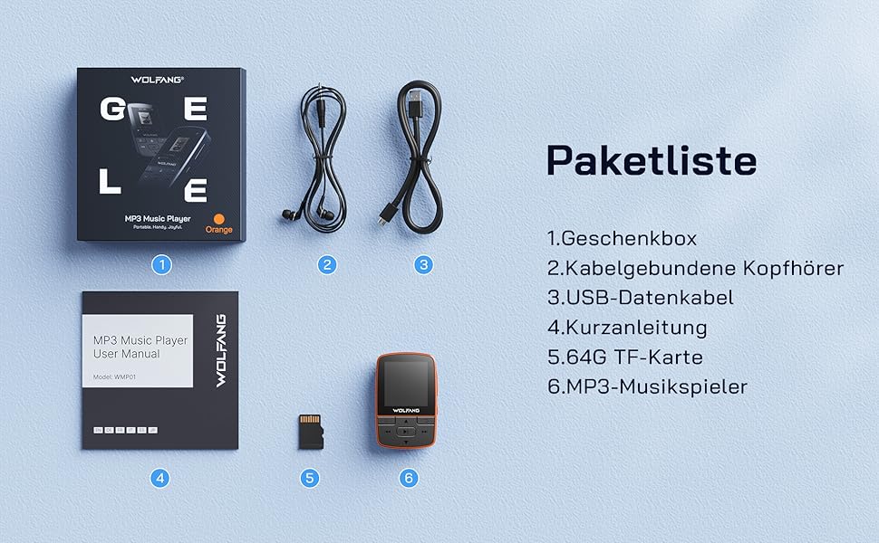 MP3-плеєр WOLFANG 64GB Bluetooth 5.2, помаранчевий: Спорт-кліпса, Hi-Fi радіо, диктофон, навушники в комплекті