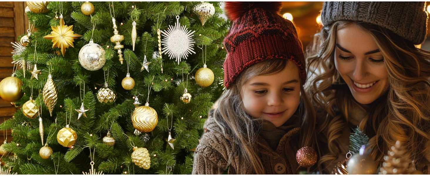 Набір ялинкових прикрас Shareconn, 80 шт., 4–12,5 см, міцні золоті пластикові кулі для ялинки, різдвяний декор, з ниткою для підвішування, темно- та світло-золоті кольори