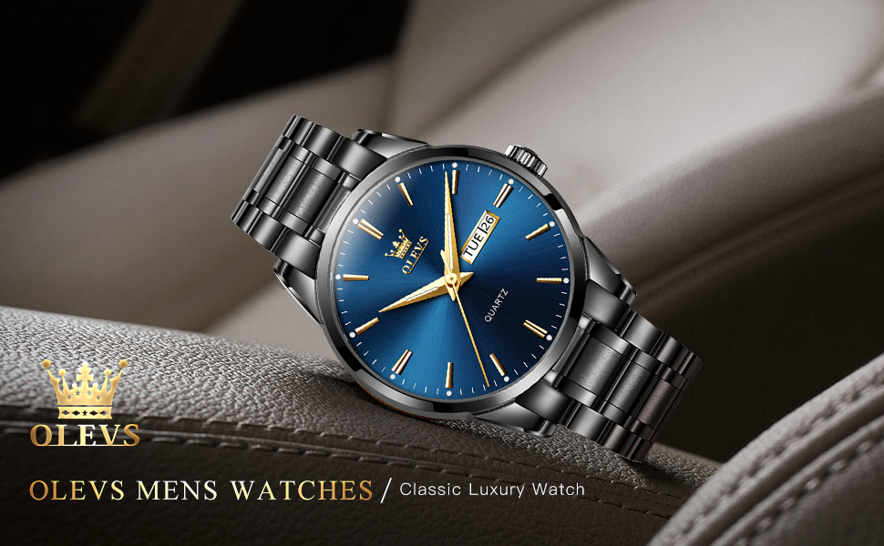 Чоловічий наручний годинник OLEVS класичний кварцовий, водонепроникний, зі сталевим ремінцем та індикатором дати, чорний із золотом
