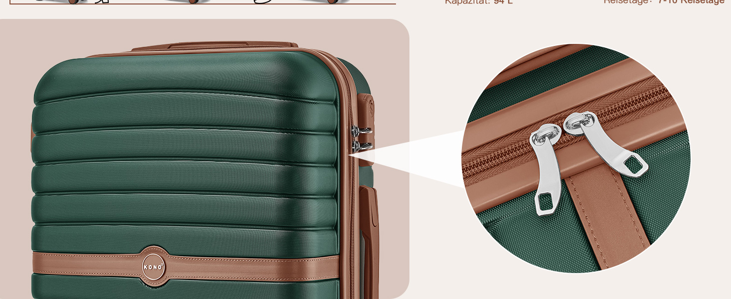 Чемодан KONO Reisekoffer Trolley 3-частинний з ABS+PC, жорсткий, з подвійними колесами та кодовим замком (великий 76 см, темно-зелений/коричневий)
