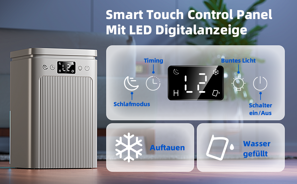 Електричний осушувач повітря 2.2L, портативний, тихий, з таймером 2-12H, 7 кольорів підсвічування, автоматичне відключення, для спальні, підвалу, ванної кімнати (білий)