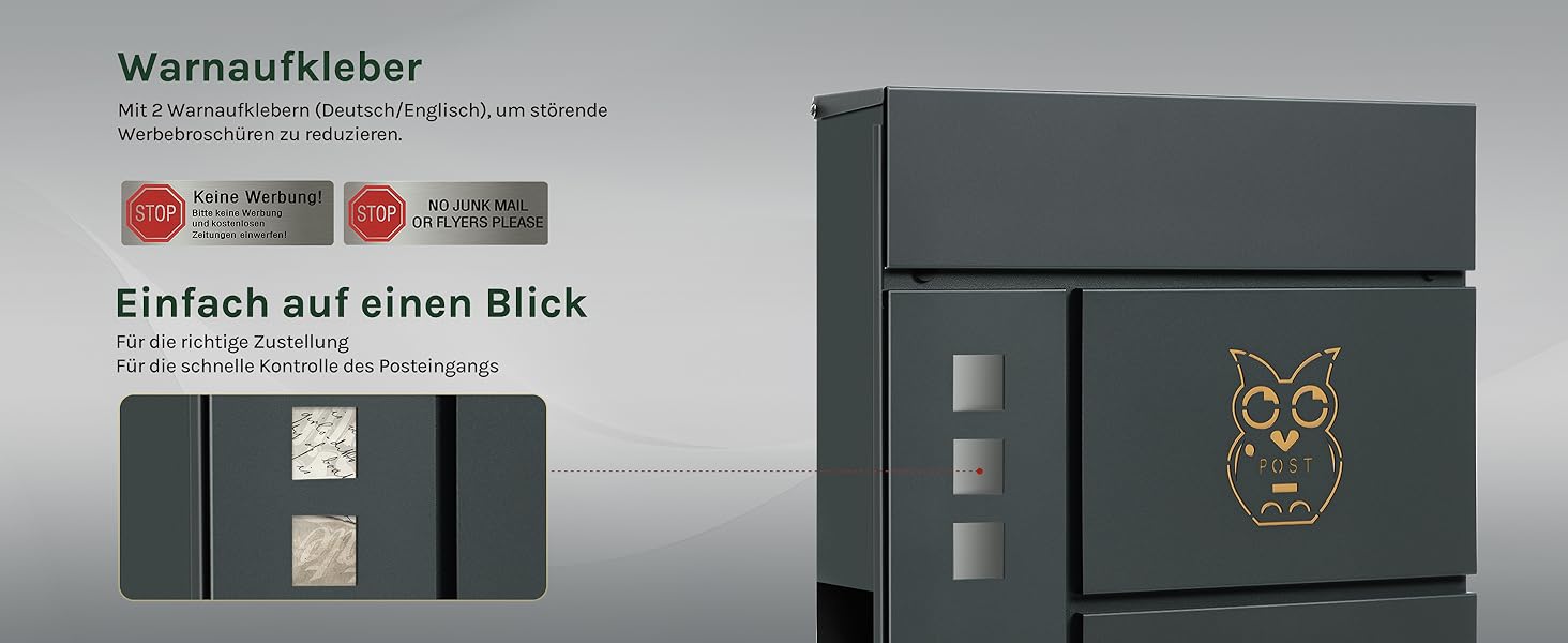 Поштова скринька WOLTU XXL з газетницею, оглядовим вікном, замком та 2 ключами, антрацит+жовтий (10,5x37x37 см)