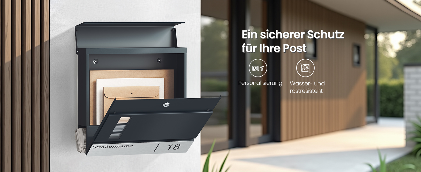 Поштовий ящик SONGMICS з персоналізованим гравіюванням, номерний знак, сучасний антрацитово-сріблястий, з замком та вікном для газет