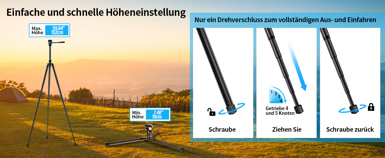 Штатив SIRUI Traveler X Carbon з Fluid-головкою та Quick-Twist системою для Arca Swiss, Ultraleichtes Reisestativ для DSLR/Відеозйомки, реверсивна центральна колона, 0.95kg