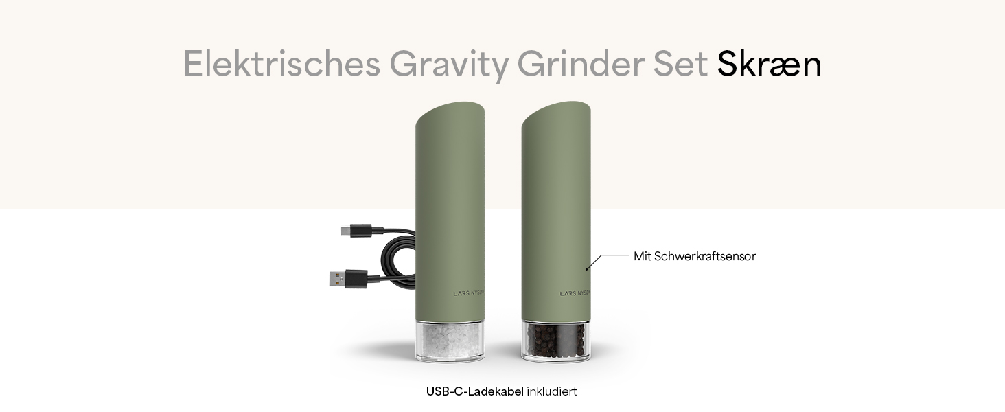 Електричні млини для солі та перцю LARS NYSØM Gravity Grinder - Набір з двох млинів, USB-C, регулювання помелу, для кухні (сірий)