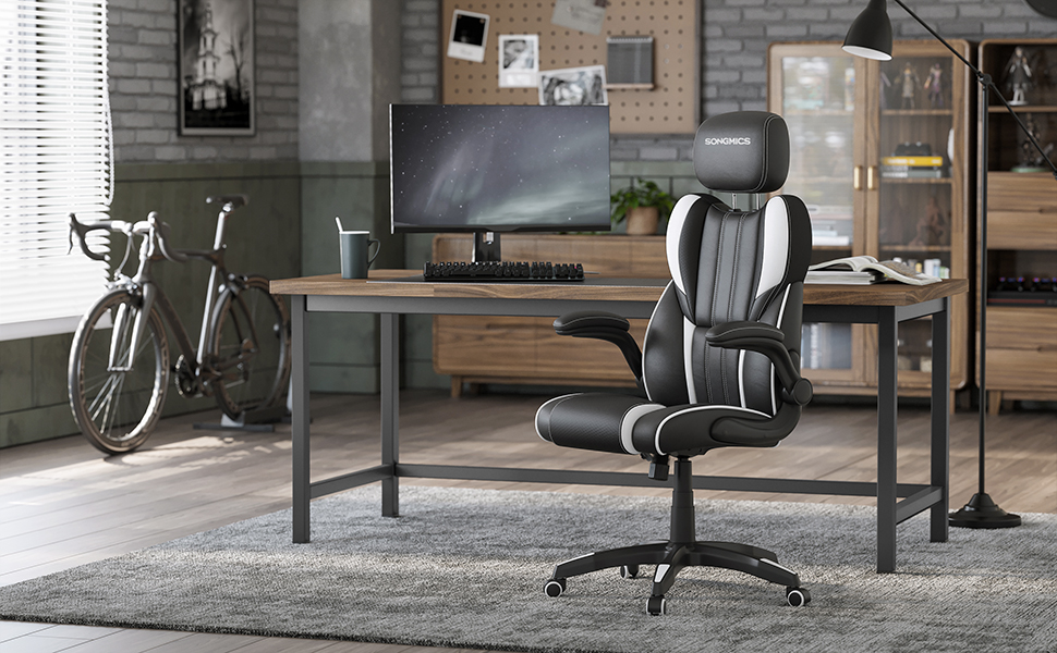 Крісло офісне SONGMICS, геймінгове, регульована підголовник, функція гойдання, регульовані підлокітники, універсальні ролики, регулювання висоти, OBG65BK (чорно-біле)