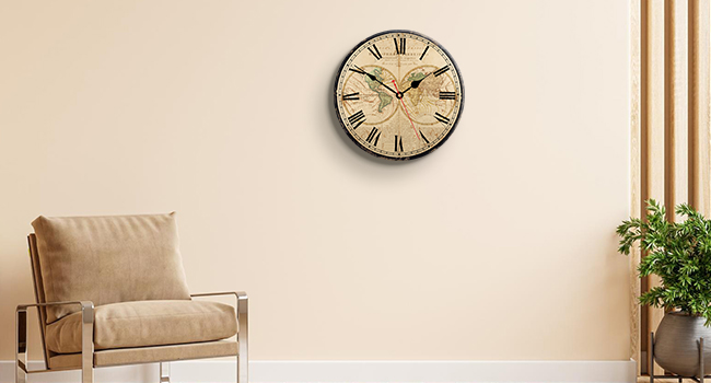 TAHEAT World Map Wall Clock, Large Classic Wooden Clock, Silent Non-Ticking Easy to Read for Home/Office/School, 34 cm