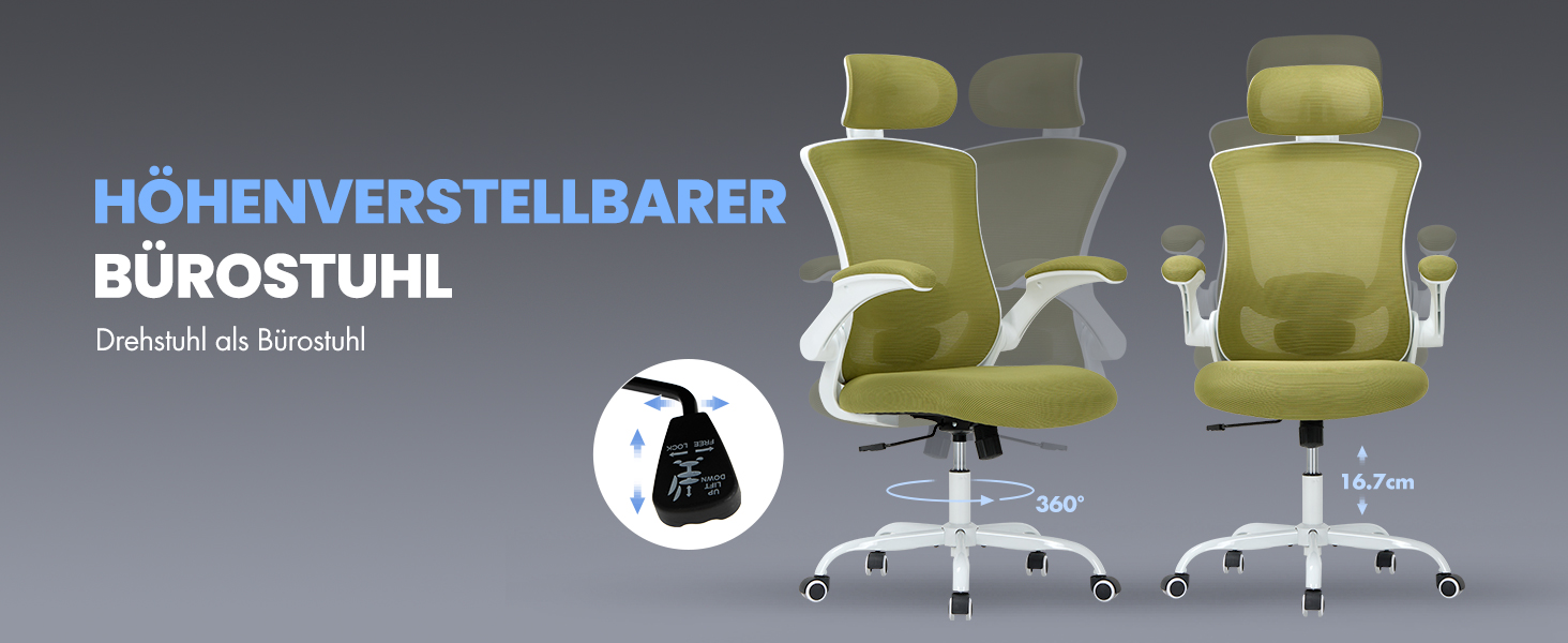 Офісне крісло Colamy з ергономічною підтримкою спини, регульованою підголівником та поперековою підтримкою, поворотне, (Зелений, Classic)