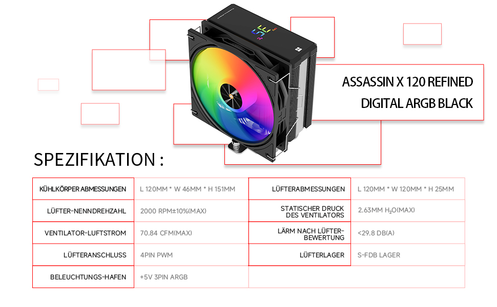 Assassin X 120 ARGB: Кулер для CPU з цифровим дисплеєм, 4 теплові трубки, 120 мм вентилятор, підтримка AM5/AM4, Intel LGA1851/1700, чорний