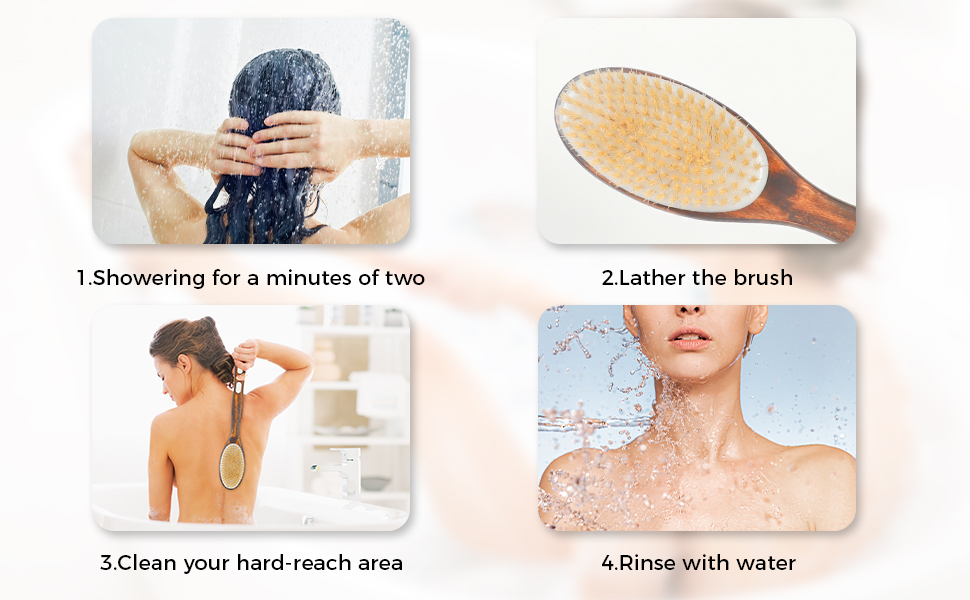 Набір з 2 шт. щітки для спини та душу з довгим руків'ям, для тіла, для пілінгу, натуральна щетина, видаляє омертвілу шкіру, зменшує целюліт, покращує лімфодренаж