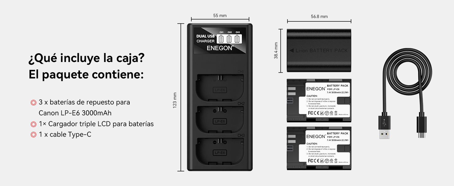 Акумулятор ENEGON LP-E6 (3x3000mAh) з зарядним пристроєм на 3 слоти LCD, сумісний з Canon EOS 5D, 5D Mark II, 6D, 7D, 60D, 70D, 80D, 90D, XC10, XC15