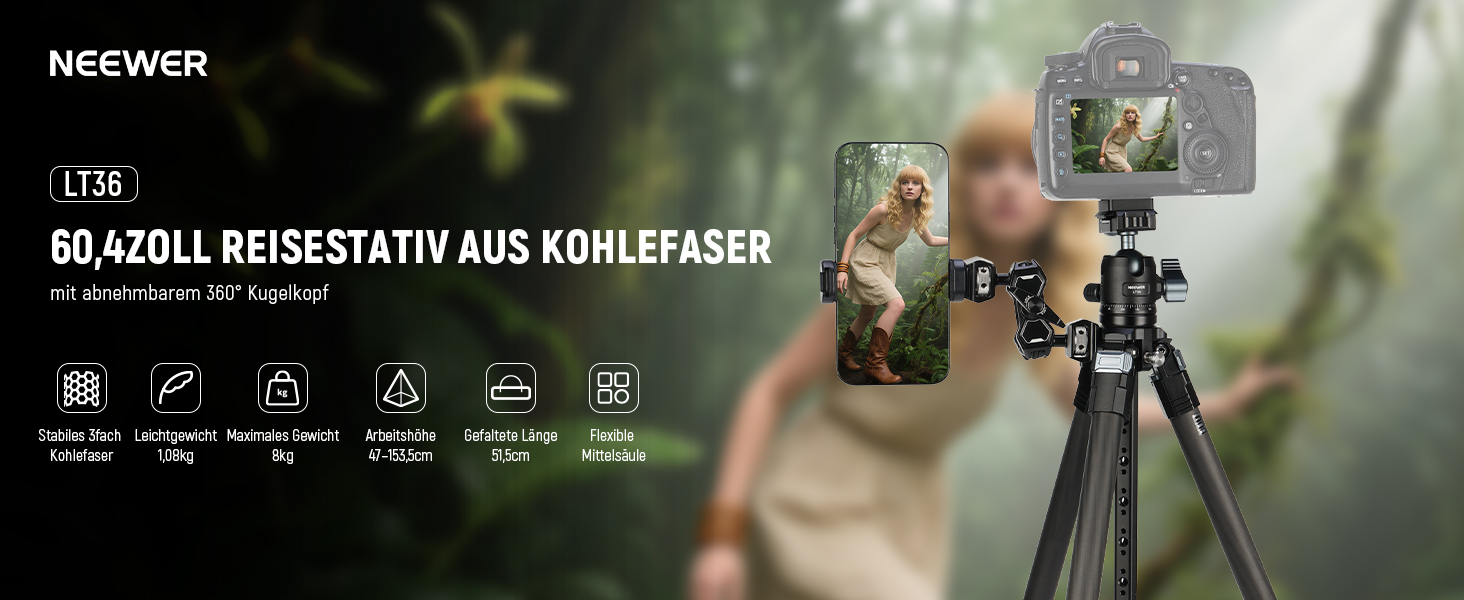 Карбоновий штатив Neewer LT36 (184 см) з кулястою головкою 360°, легкий трипід для відеокамер та фотоапаратів, Arca-Swiss QR-платформа, сумісність з Peak Design Capture V3