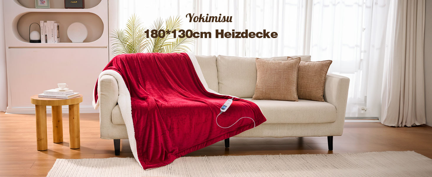 Електрична ковдра Yokimisu з автовимкненням 180x130 см, плюшева, з 6 рівнями нагріву, таймером, захистом від перегріву, пральна, для дому та офісу (червона)