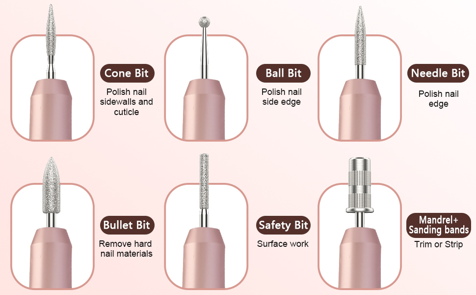 Електричний фрезер для нігтів Rose - манікюр та педикюр, набір з 6 фрез, 35000 об/хв, для гелю та акрилу