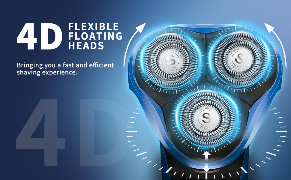 Електричний верстат для гоління SweetLF [2023 Neu] для чоловіків з 3D-поворотною головкою, LED-дисплеєм, IPX7 водонепроникністю та зарядним пристроєм (3 леза + 1 швидка зарядка, чорно-синій)
