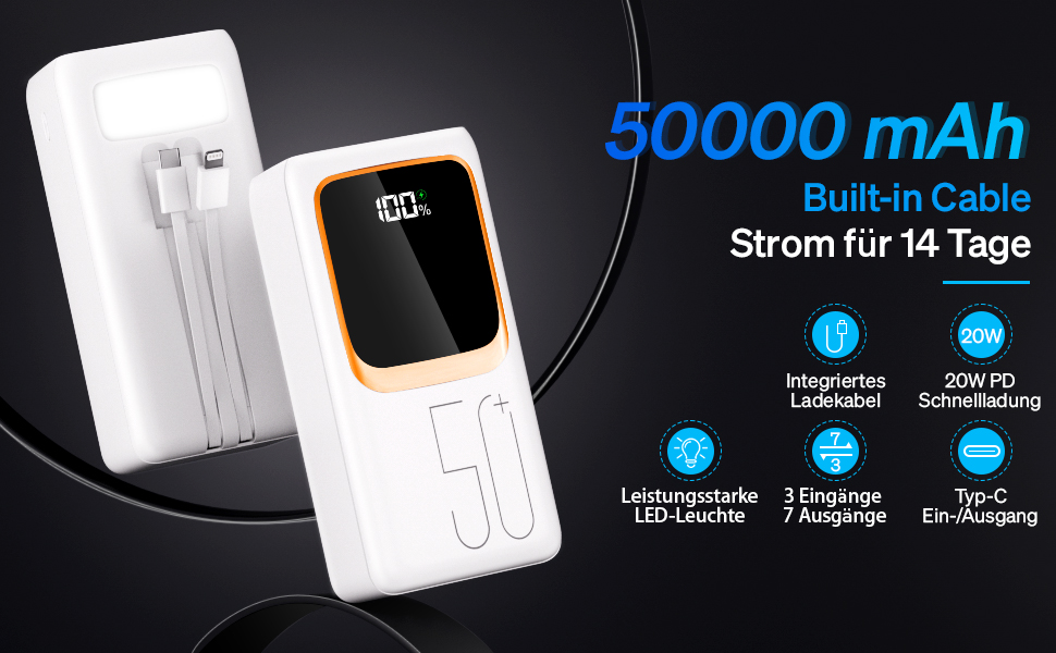 Портативний зарядний пристрій Power Bank 50000mAh з інтегрованим кабелем: швидка зарядка 22,5W, велика ємність, LED-ліхтарик, 7 виходів & 3 входи, 2x25000mAh, білий