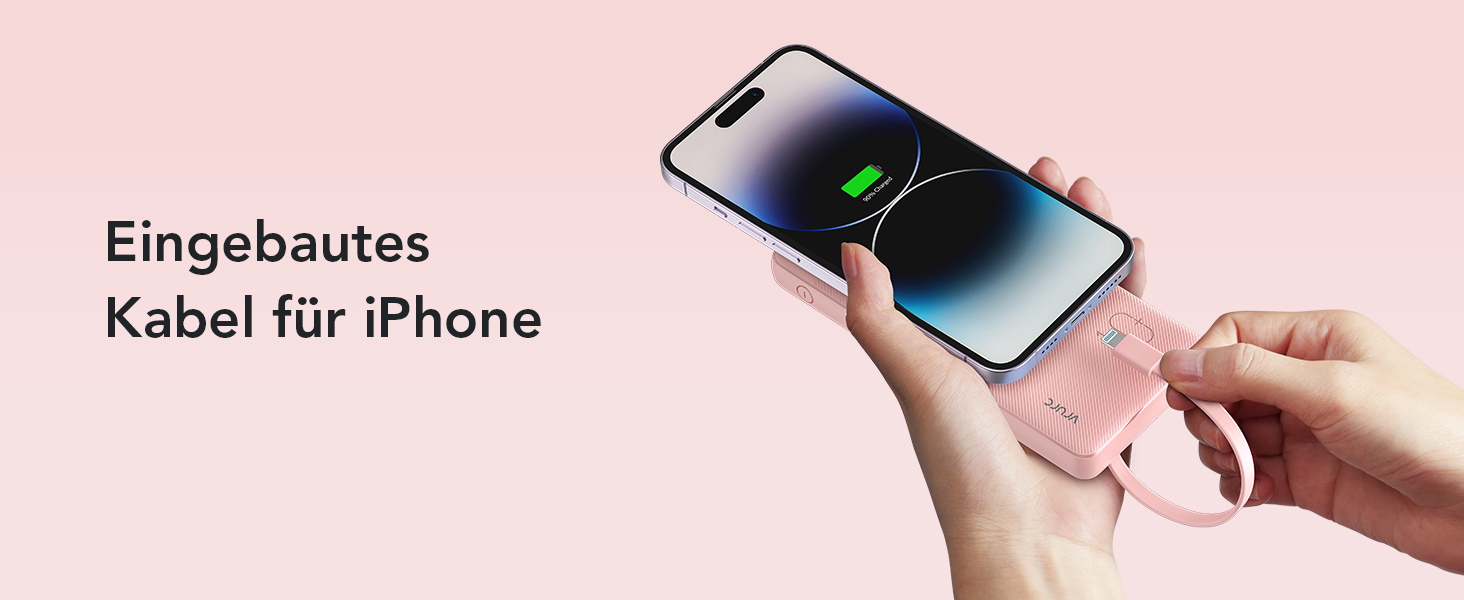 Powerbank VRURC 10000mAh з кабелем: портативний зарядний пристрій USB-C з LED дисплеєм та 5 виходами для iPhone, Huawei, Samsung та інших смартфонів - Рожевий