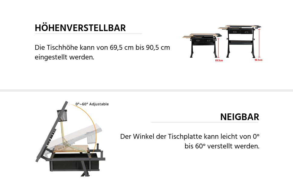 Yaheetech Adjustable Drafting Table with Stool and Drawers - Height Adjustable Desk for Architects, Technicians, and Students - Wood Finish