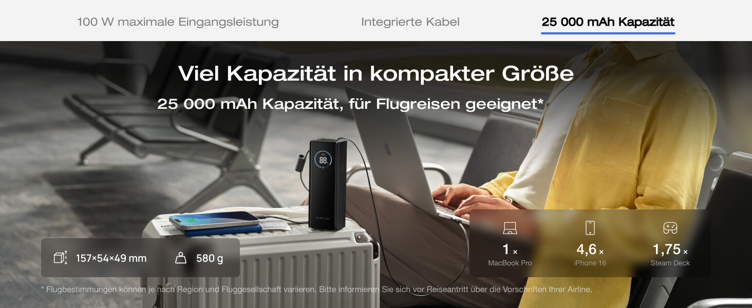 EcoFlow Powerbank 25000mAh 170W: портативний зарядний пристрій з вбудованим кабелем 100W USB-C для ноутбуків та смартфонів (iPhone, MacBook, Samsung), чорний