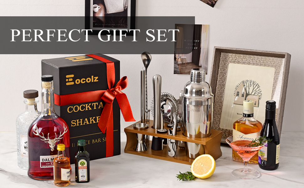 Cocktail Shaker Set with Bamboo Stand & Recipe Book - 750ml Stainless Steel Bar Set with 17-Piece Cocktail Mixing Kit - Bartender Gift for Women