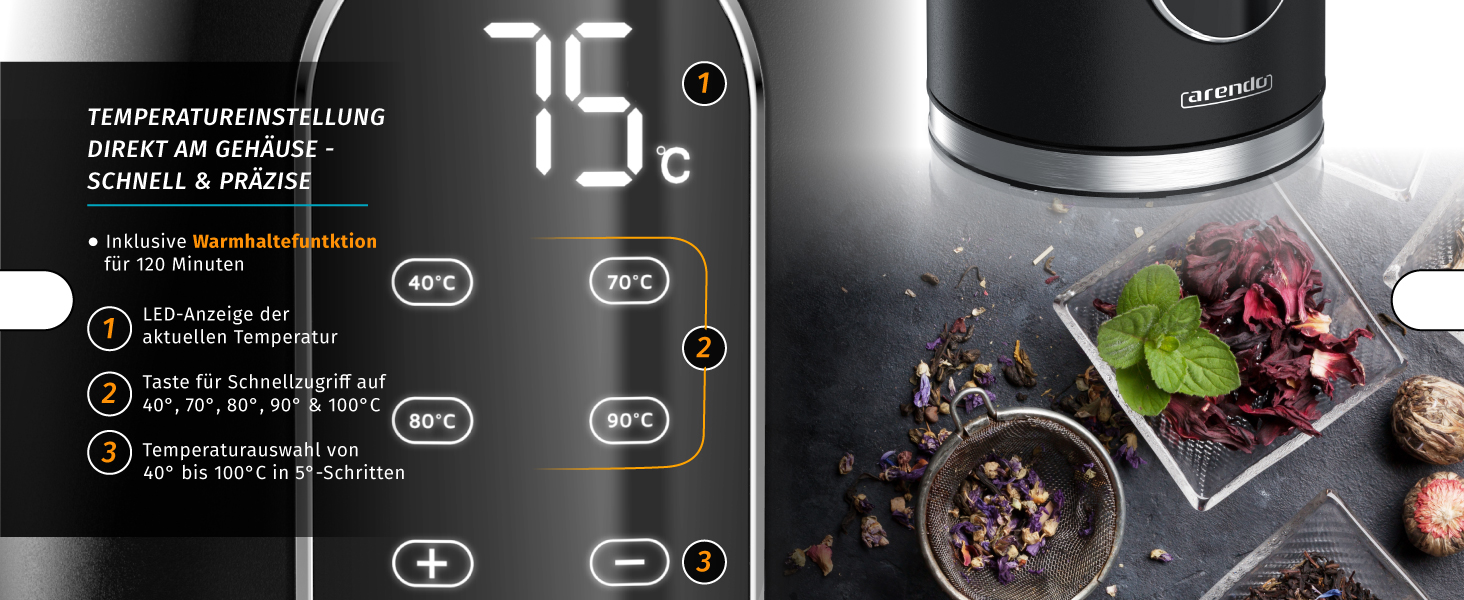 Електричний чайник Arendo з регулюванням температури, нержавіюча сталь, подвійні стінки Cool Touch, дисплей, бездротовий, 2200 Вт, 1.7л, захист від перегріву, функція підтримання тепла, чорний