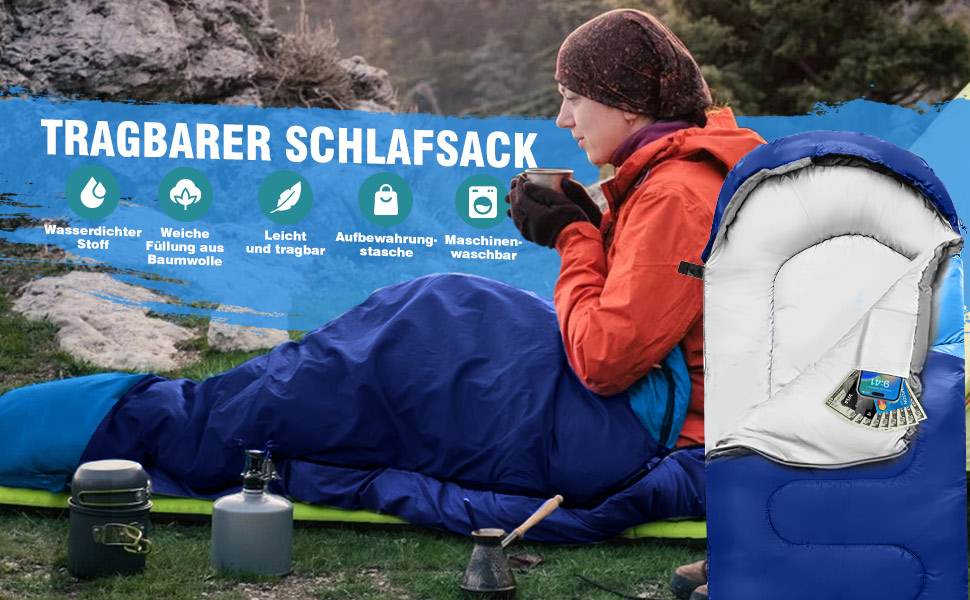 Спальний мішок 3-4 сезони, водонепроникний, ультралегкий, 220*75см (Блакитний) - для кемпінгу, подорожей, походів