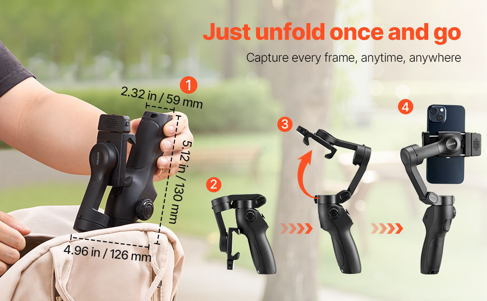 Стабілізатор для смартфона VEVOR з 3-осьовою стабілізацією, трекінг облич/об'єктів, штатив, портативний та складаний, для відеозйомки, DC 3.5–4.2V (без підсвічування, AI-трекінг)