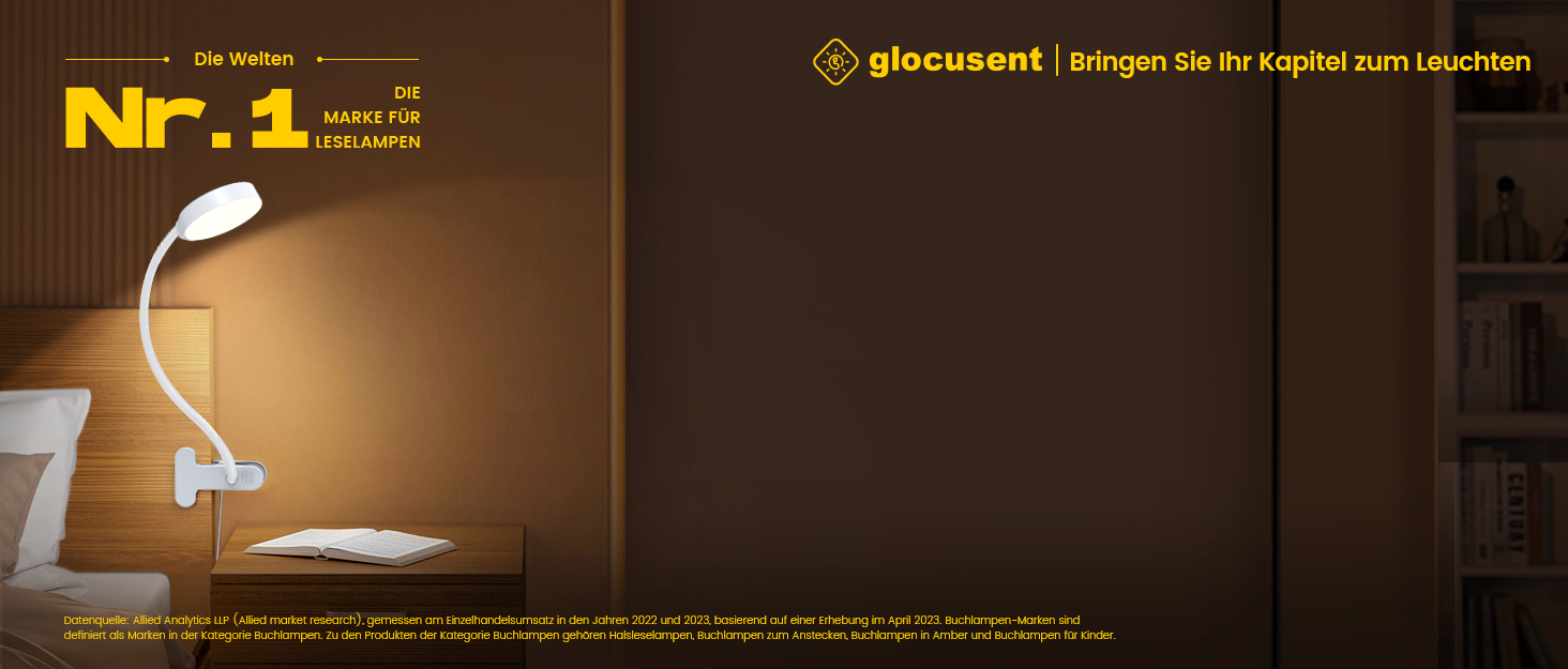Glocusent 5W LED Лампа для читання на ліжко, кліпса, 3 кольори/5 рівнів яскравості, гнучкий тримач, CRI 90, USB зарядка (біла)