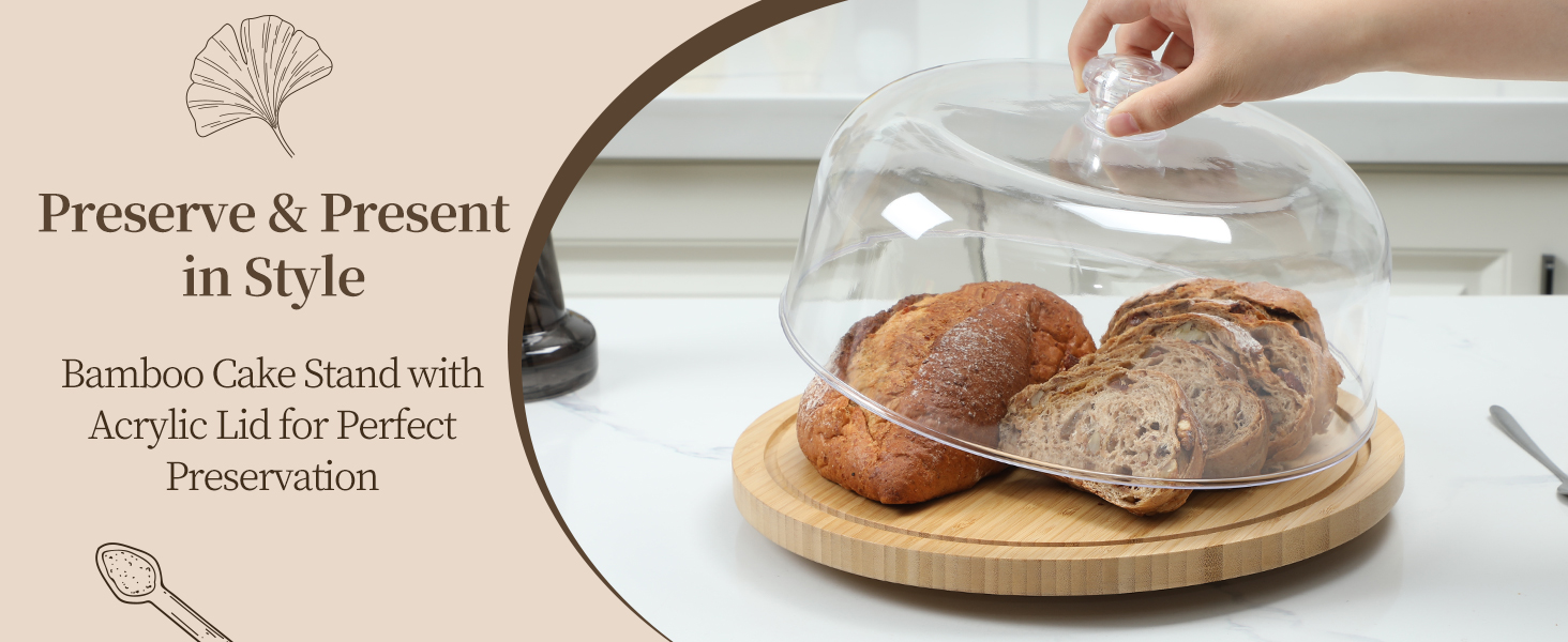 Підставка для тортів Ohuhu з бамбука 2-в-1 з кришкою, обертова тарка для тортів з 3 знімними ніжками та акриловою кришкою для випічки, декорування та святкування, чудовий подарунок для жінок