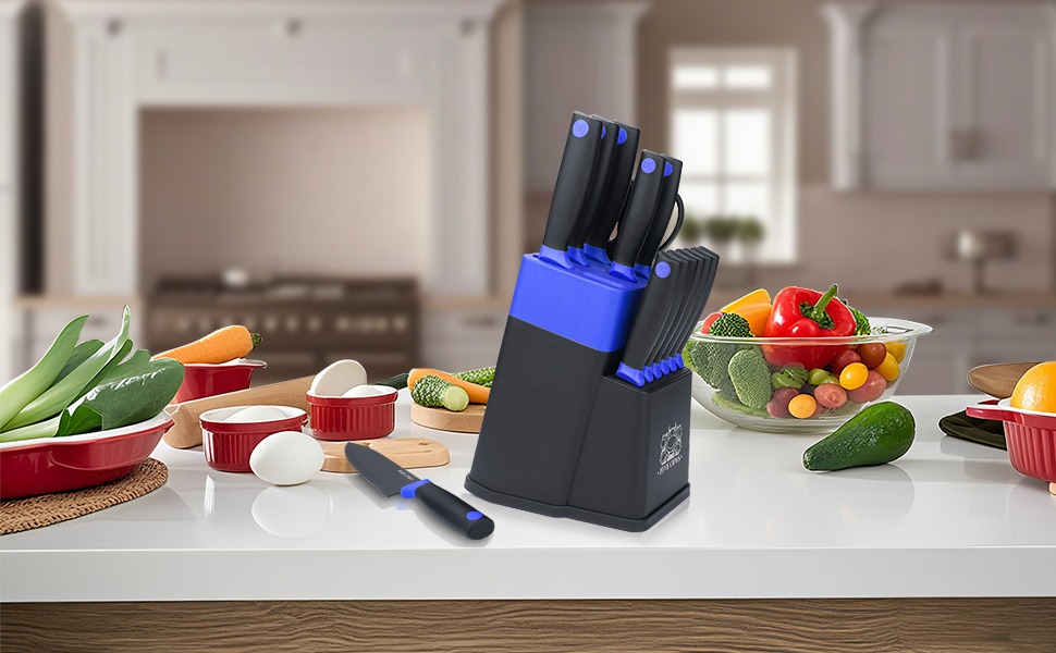 Набір кухонних ножів FIVE COWS (14 предметів) з самозаточуванням, з ножем для стейка та ножицями, синій