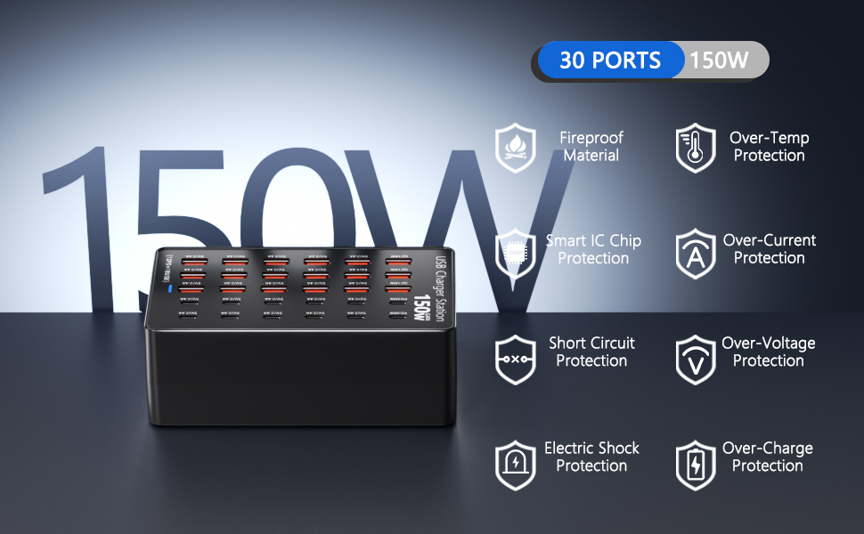 USB-станція зарядки 30 портів 150W USB-C, хаб для iPhone/Samsung/Pixel/планшетів. Мережевий адаптер живлення
