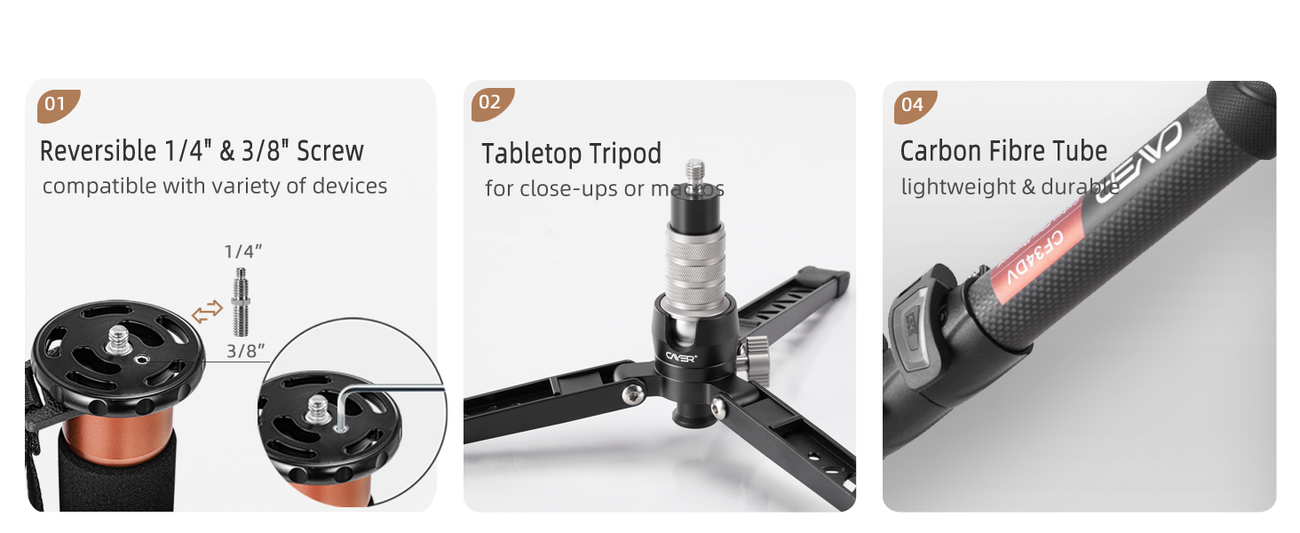 Штатив відео Cayer CF34DV з вуглецевого волокна 71 дюйм, з шарнірним голковим кріпленням та триногим основанням для DSLR-камер та відеокамер, з додатковою ковзною платформою