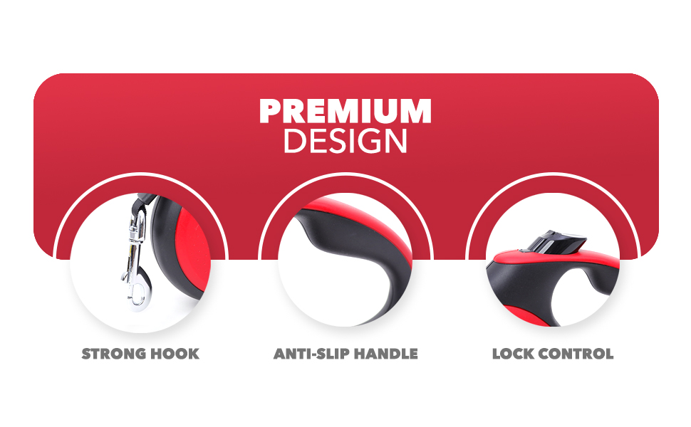 Рулетка для собак FurDreams – міцна висувна поводок (5 м) з надійним гаком для нашийника | Неслизька ручка з блокуванням | Міцний нейлоновий трос, що не заплутується (червоний, великий)