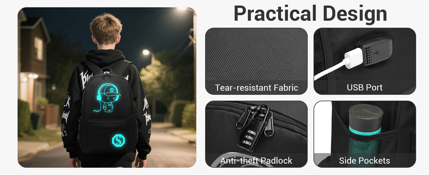 Шкільний рюкзак KONO для підлітків, чорний, світловідбиваючий, легкий, водонепроникний (30x17x48 см)