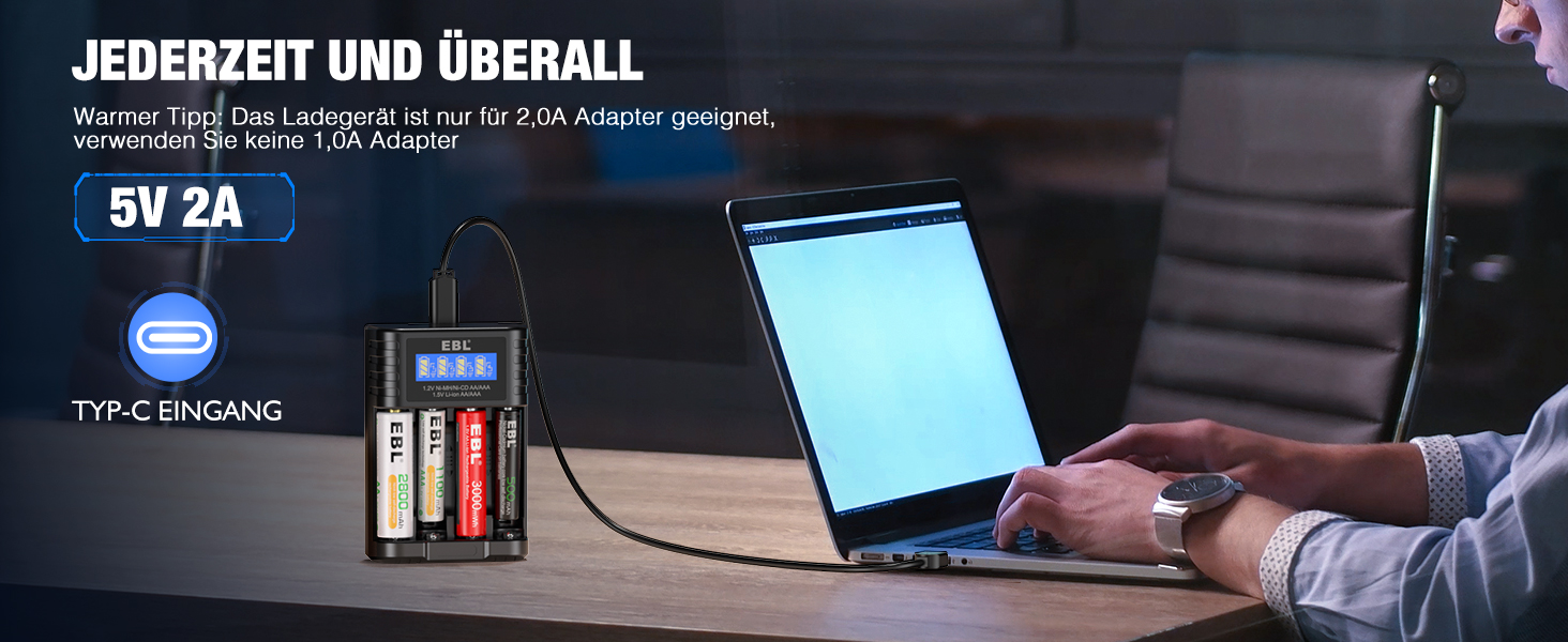 Зарядний пристрій EBL для акумуляторів AA AAA 1.2V NI-MH/Li-Ion, Type-C, індикатор заряду, окремий відсік