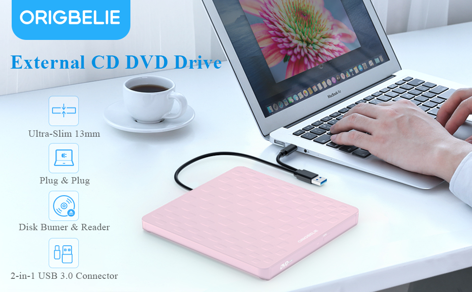 Зовнішній DVD-привід ORIGBELIE: CD/DVD-бредер з 4 USB та 2 TF/SD слотами, ультратонкий оптичний накопичувач для ноутбука, PC, Mac, Windows 11/10/8/7, Linux