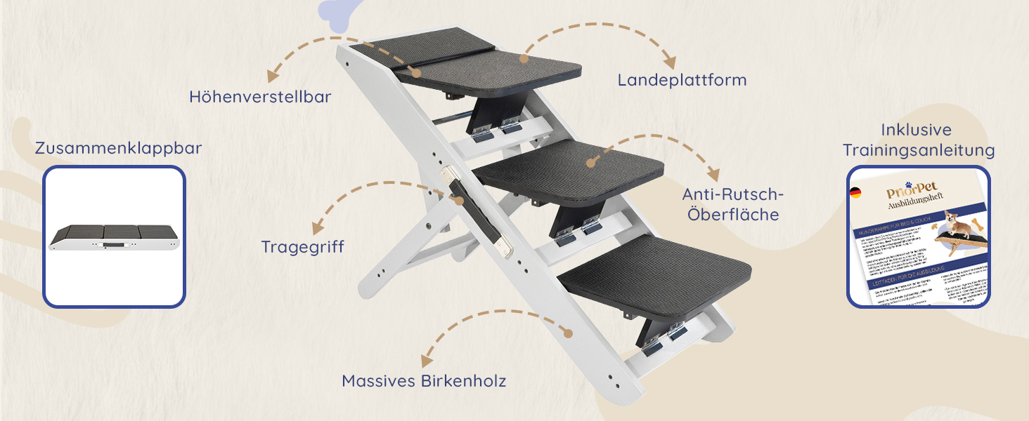Сходинка для собак на ліжко та диван 2-в-1 - регульована пандус для собак, 18-50 см - для маленьких собак, легка у переміщенні, з платформою, натуральне дерево (білий дуб)