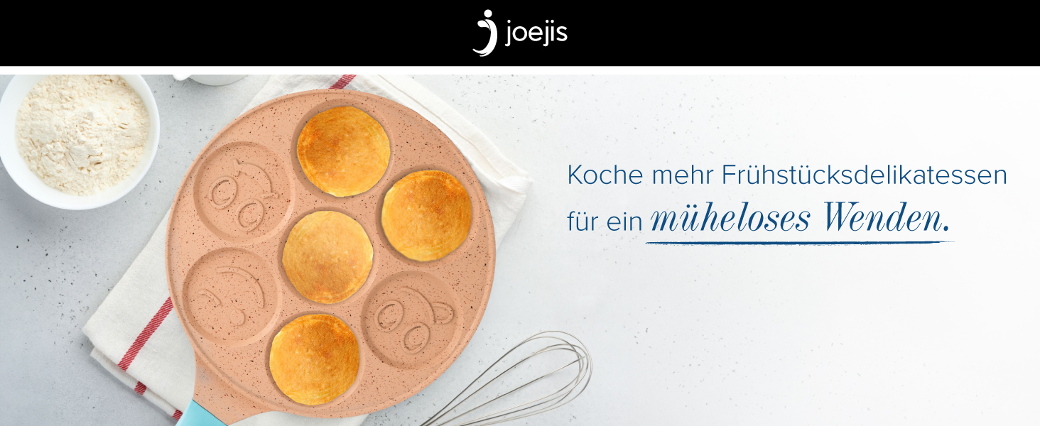 Млинцева пательня Joeji's Kitchen з 7 отворами зі смайликами, 26,5 см, антипригарна, легкий алюмінієвий литий корпус, для індукції, дитяча, універсальна для млинців та яєць, синя