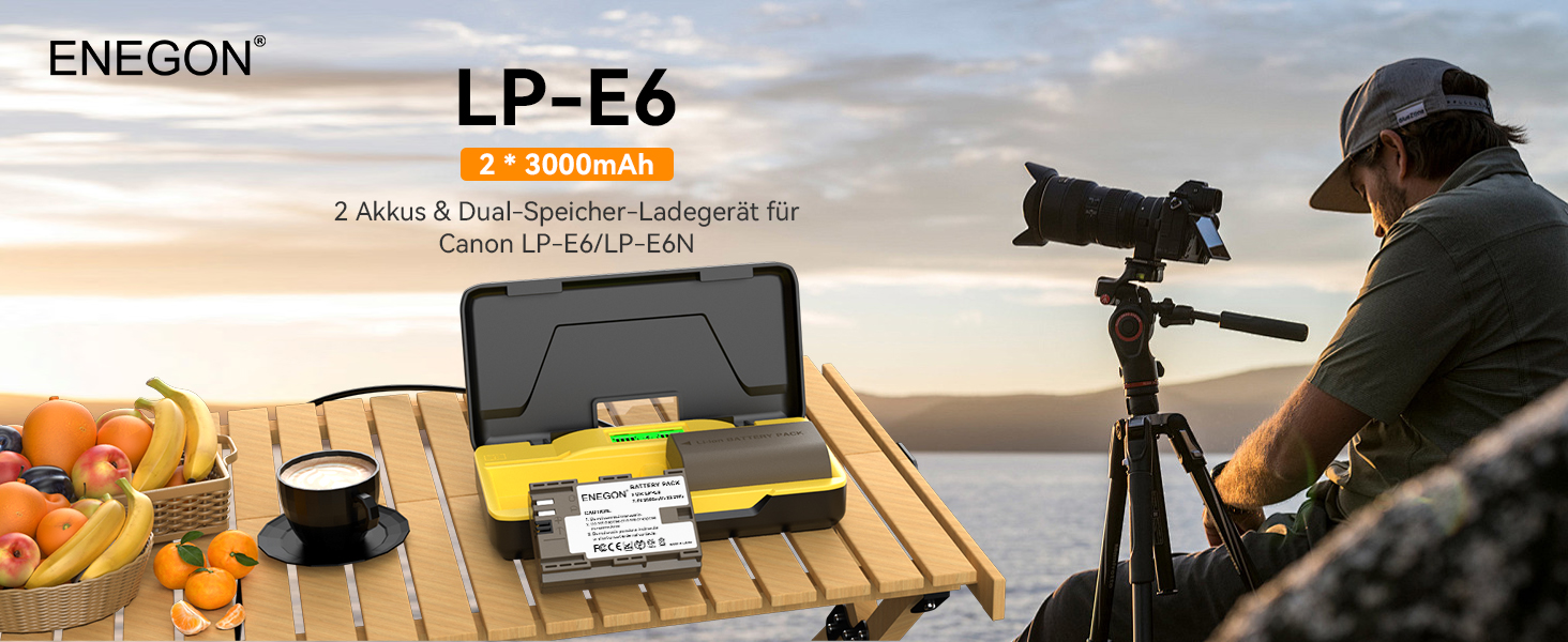 Зарядний пристрій ENEGON LP-E6/LP-E6N 20W з двома акумуляторами (2x 3000mAh) для Canon EOS 5D, 6D, 7D, 60D, 70D, 80D, 90D, XC10, XC15, з LCD-дисплеєм