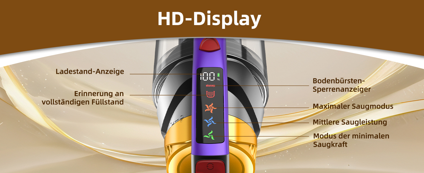 Бездротовий акумуляторний пилосос 58000Pa/550W з LED-дисплеєм та антизаплутувальною насадкою, об'єм 1.8L, для видалення шерсті тварин, килимів, твердих поверхонь та авто, колір золотий