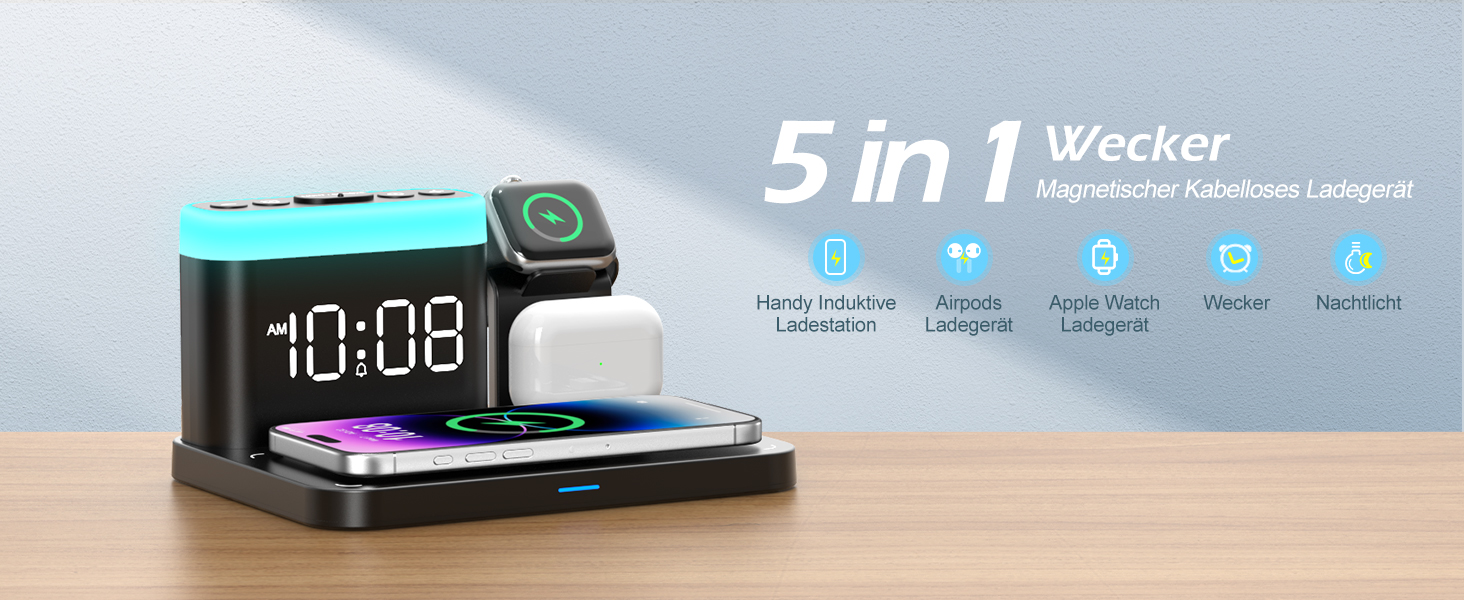 Бездрокова зарядна станція ANJANK 3-в-1 з будильником, 7 нічників та Mag-Safe для iPhone 17/16/15/14/13/12 Pro Max Plus, Apple Watch 11/10/9/8, AirPods