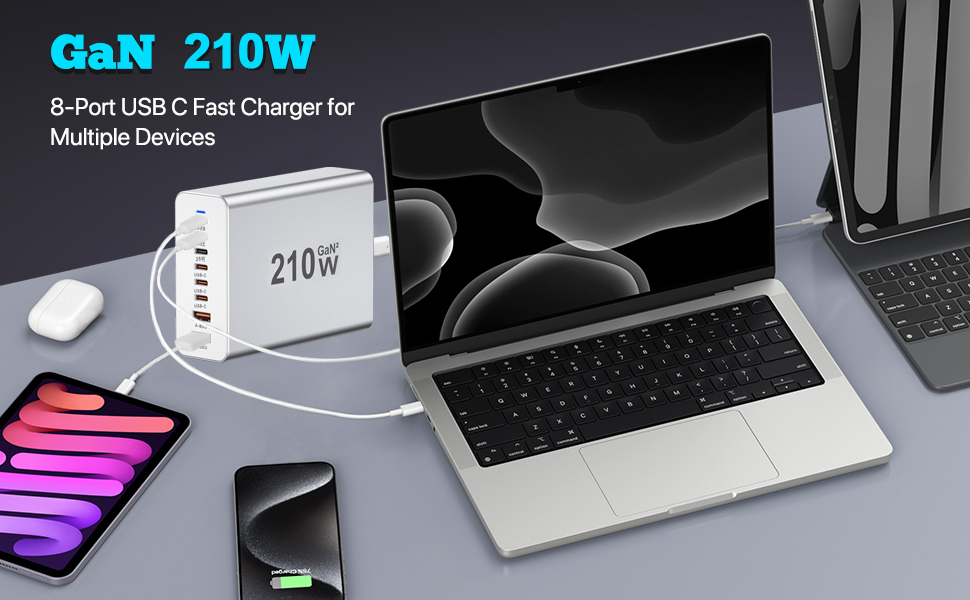 Зарядний пристрій USB-C 210W, багатопортовий (6x USB-C + 2x USB-A) PD 3.0 для iPhone, MacBook, Samsung Galaxy, планшетів - сріблястий