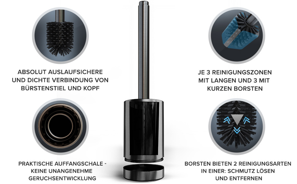 Торцева щітка для унітазу Arosund | Силіконова щітка для унітазу | З вентиляцією | Свободно стояча | Головка щітки з нержавіючої сталі | З резервуаром для мийного засобу | Знімний піддон для крапель | Щітка для унітазу (Gunmetal)