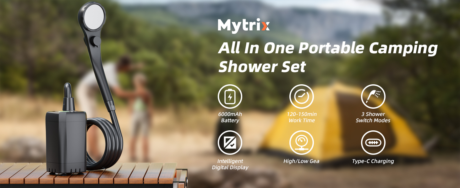 Портативний душ Mytrix 2024 для кемпінгу, 6000mAh акумулятор, розумний дисплей, багаторежимна лійка, складне відро 5 галонів для подорожей і туризму